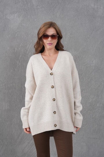 Kadın V Yaka Düğme Kapama Oversize Uzun Triko Hırka