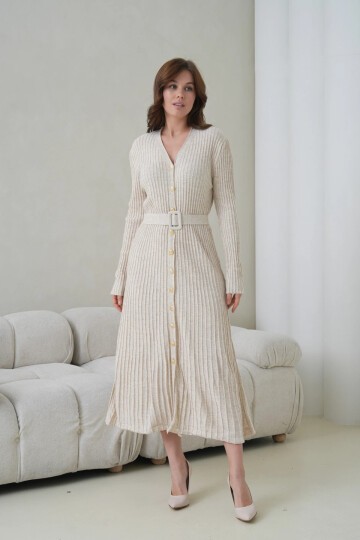 Kadın V Yaka Ful Düğme Kapama Kemer Detay Maksi Boy Fitilli Triko Elbise