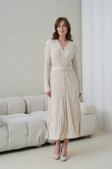 Kadın V Yaka Ful Düğme Kapama Kemer Detay Maksi Boy Fitilli Triko Elbise