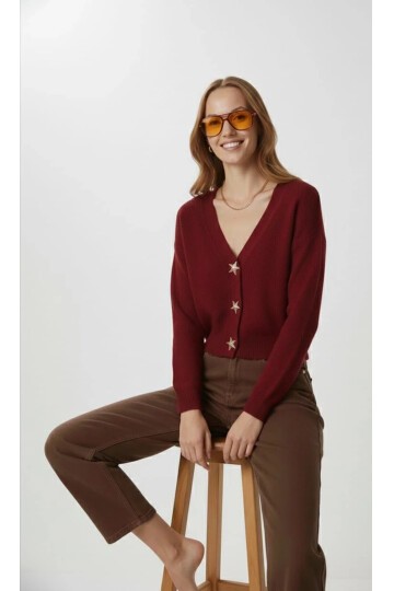 Kadın Yıldız Düğme Detaylı Triko Hırka