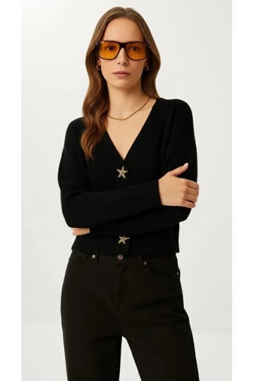 Kadın Yıldız Düğme Detaylı Triko Hırka