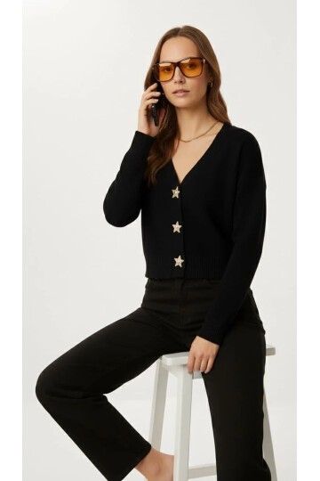 Kadın Yıldız Düğme Detaylı Triko Hırka