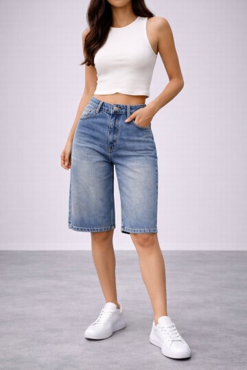 Kadın Yüksek Bel Salaş Jean Bermuda Lacivert