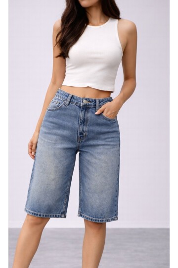 Kadın Yüksek Bel Salaş Jean Bermuda Lacivert