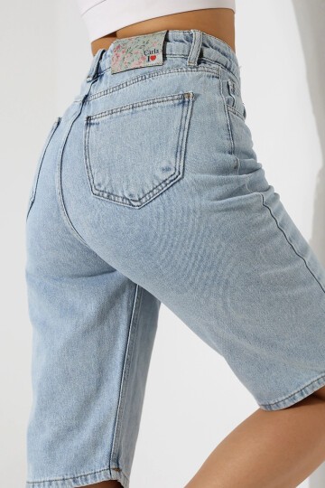 Kadın Yüksek Bel Salaş Jean Bermuda Mavi