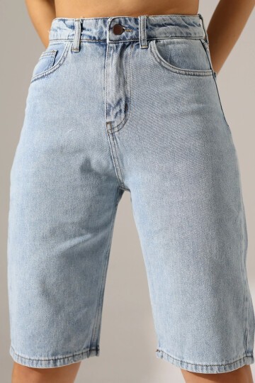 Kadın Yüksek Bel Salaş Jean Bermuda Mavi