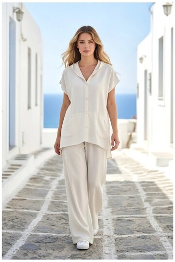 Kapüşonlu Gömlek Pantalon Keten Takım