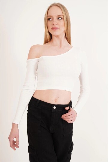 Kaşkorse Tek Omuz Dekolteli Uzun Kol Bluz BEYAZ