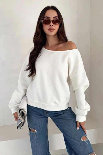 Kayık Yaka Polar Sweatshirt Beyaz