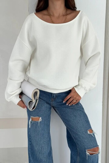 Kayık Yaka Polar Sweatshirt Beyaz