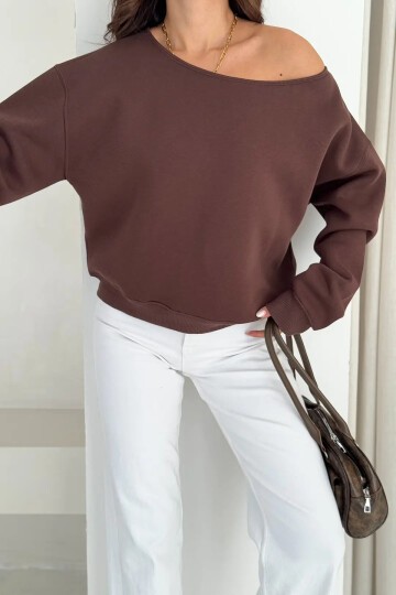 Kayık Yaka Polar Sweatshirt Kahve