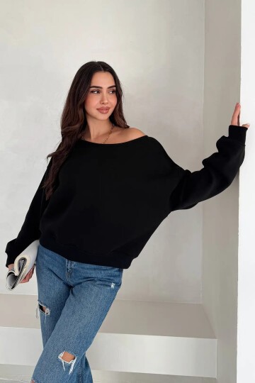 Kayık Yaka Polar Sweatshirt Siyah