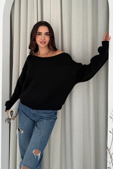 Kayık Yaka Polar Sweatshirt Siyah