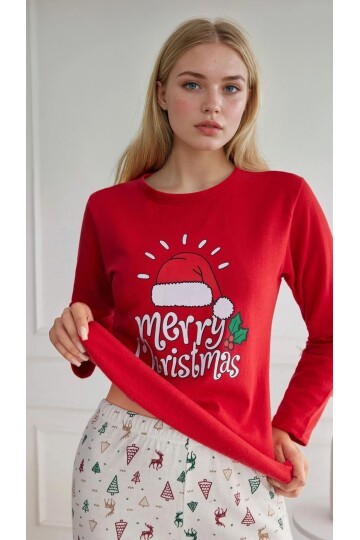 Kırmızı Merry Christmas Yeni Yıl Kadın Pijama Takımı