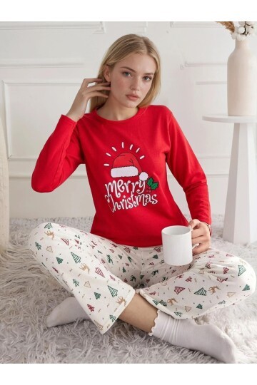 Kırmızı Merry Christmas Yeni Yıl Kadın Pijama Takımı
