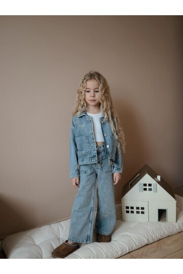 Kız Çocuk Kelebek Baskılı Cepli Kot İkili Takım Ceket Pantolon