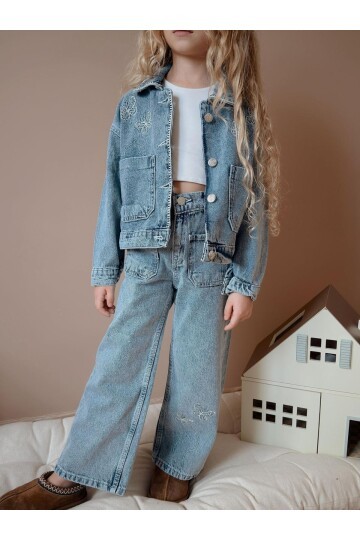 Kız Çocuk Kelebek Baskılı Cepli Kot İkili Takım Ceket Pantolon