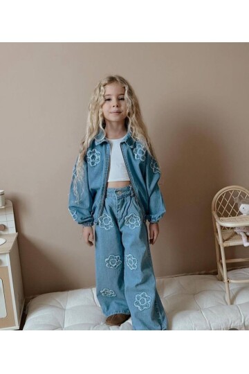 Kız Çocuk Kot İkili Takım Ceket Pantolon Açık Mavi