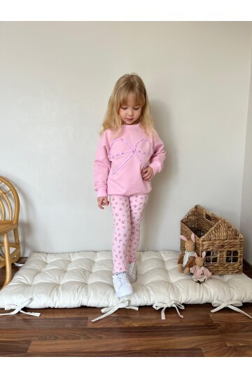 Kız Çocuk Fiyonk Detay İki İplik Desenli Alt Takım