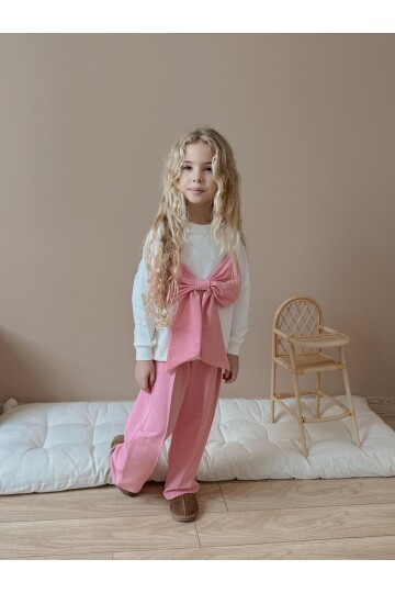 Kız Çocuk Fiyonk Detay Pamuklu Alt Üst Takım Pudra