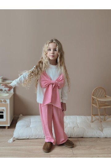 Kız Çocuk Fiyonk Detay Pamuklu Alt Üst Takım Pudra