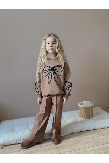 Kız Çocuk Fiyonk Detaylı Kahve Alt Üst Takım