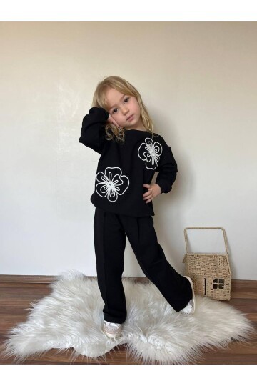 Kız Çocuk İki İplik Likralı Alt Üst Takım Siyah