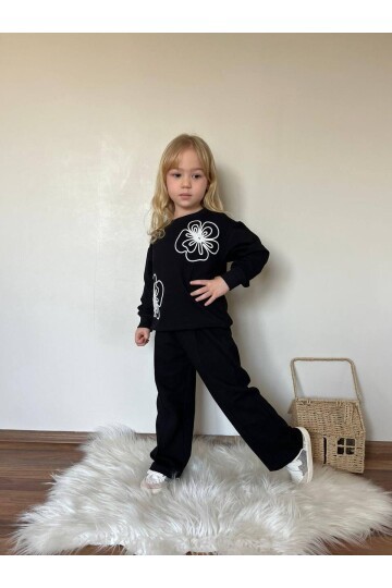 Kız Çocuk İki İplik Likralı Alt Üst Takım Siyah