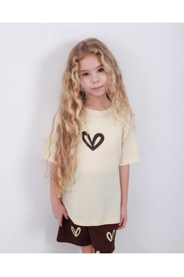 Kız Çocuk Kalp Baskılı Şort T-Shirt Alt Üst Takım Bej
