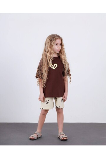 Kız Çocuk Kalp Baskılı Şort T-Shirt Alt Üst Takım Kahve