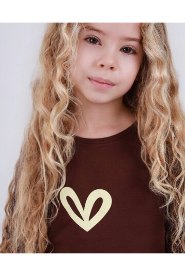 Kız Çocuk Kalp Baskılı Şort T-Shirt Alt Üst Takım Kahve