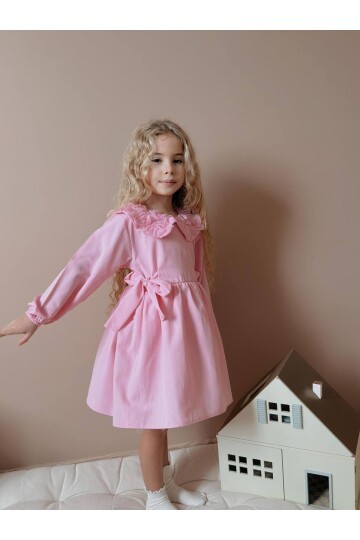 Kız Çocuk Keten Astarlı Yaka Detay Elbise