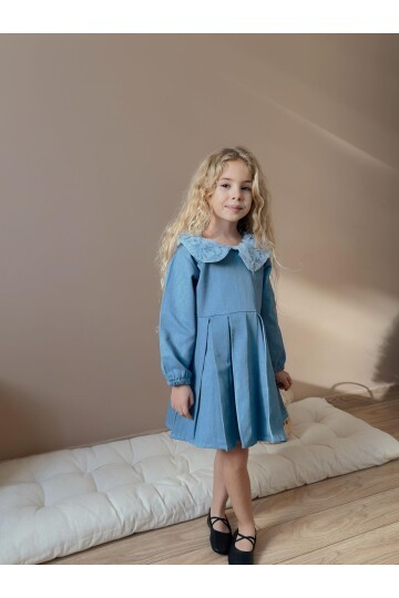 Kız Çocuk Kot Kumaş Yaka Detay Elbise