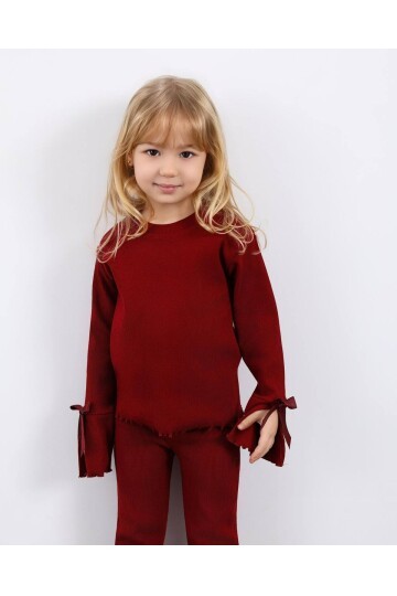 Kız Çocuk Paça Fiyonk Detaylı Kaşkorse Alt Üst Takım Bordo