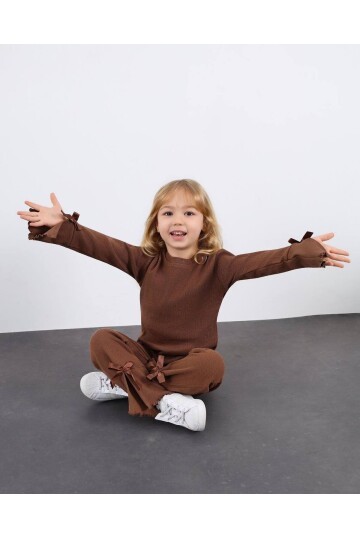 Kız Çocuk Paça Fiyonk Detaylı Kaşkorse Alt Üst Takım Kahve