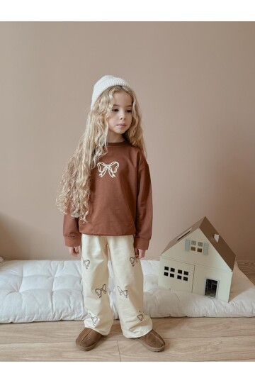 Kız Çocuk Pamuklu Fiyonk Desenli Eşofman Takımı Kahverengi