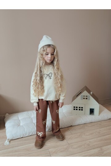 Kız Çocuk Pamuklu Fiyonk Desenli Eşofman Takımı Krem