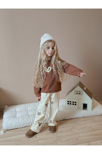 Kız Çocuk Pamuklu Love Desenli Eşofman Takımı Kahverengi