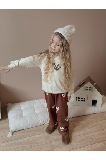 Kız Çocuk Pamuklu Love Desenli Eşofman Takımı Krem