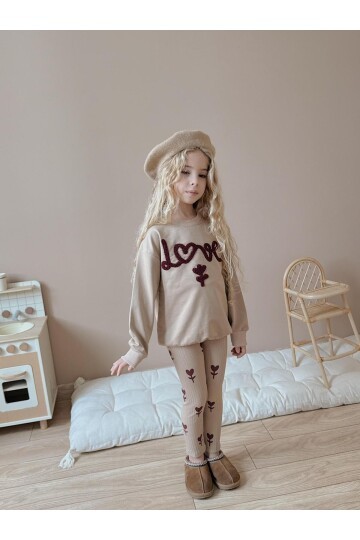 Kız Çocuk Pamuklu Sweatshirt Tayt İkili Takım Bej