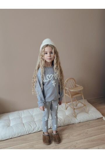 Kız Çocuk Pamuklu Sweatshirt Tayt İkili Takım Gri