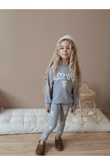 Kız Çocuk Pamuklu Sweatshirt Tayt İkili Takım Gri