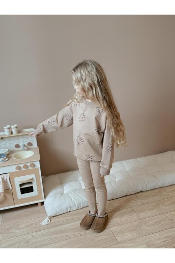 Kız Çocuk Pamuklu Sweatshirt Tayt İkili Takım Bej