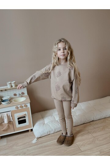 Kız Çocuk Pamuklu Sweatshirt Tayt İkili Takım Bej