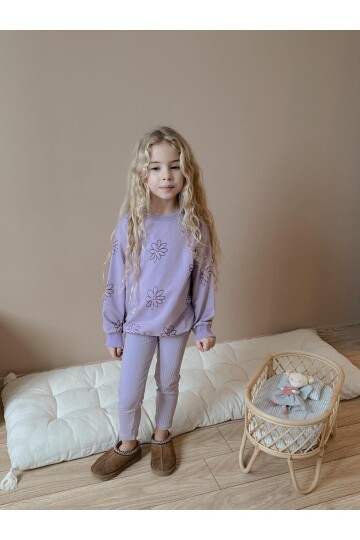 Kız Çocuk Pamuklu Sweatshirt Tayt İkili Takım Lila