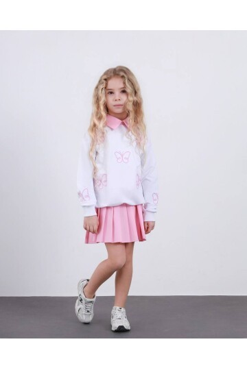 Kız Çocuk Pileli Etek ve Alt Üst Takım Beyaz