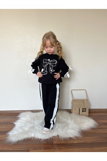 Kız Çocuk Şerit Detaylı Kurdela Baskı Eşofman Takım