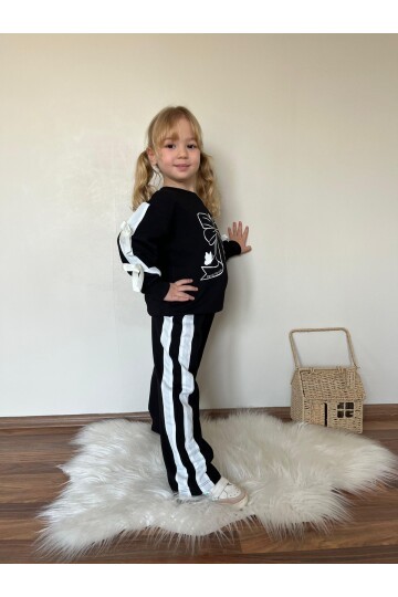 Kız Çocuk Şerit Detaylı Kurdela Baskı Eşofman Takım