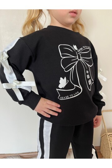 Kız Çocuk Şerit Detaylı Kurdela Baskı Eşofman Takım