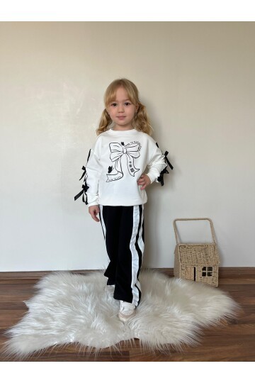 Kız Çocuk Şerit Detaylı Kurdela Baskı Eşofman Takım